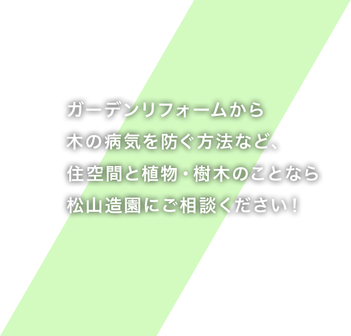 ガーデンリフォームから木の病気を防ぐ方法など、住空間と植物・樹木のことなら松山造園にご相談ください！